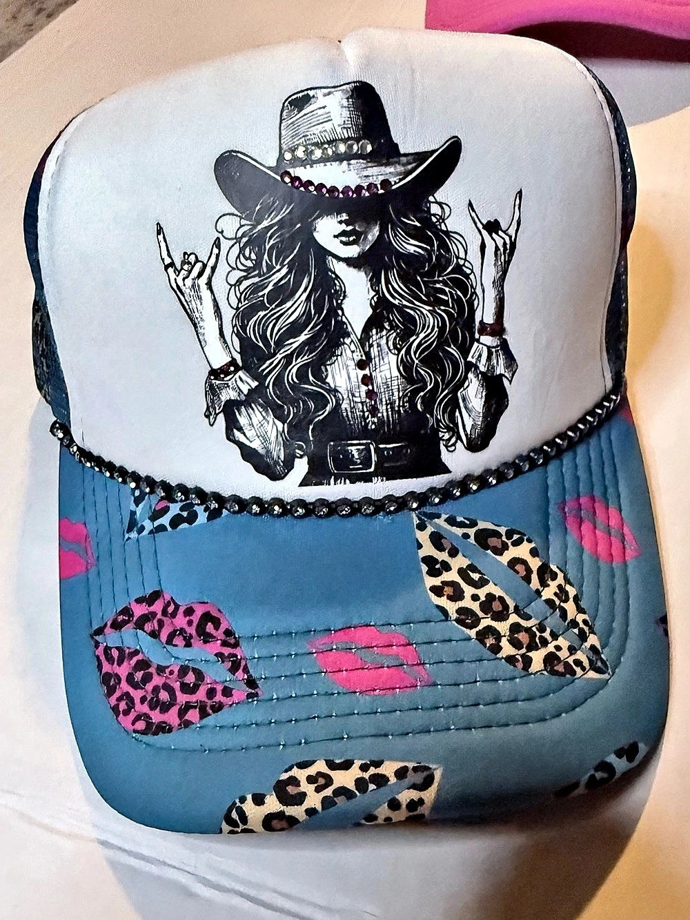 New Women's Blue & White Graphic Trucker Hat